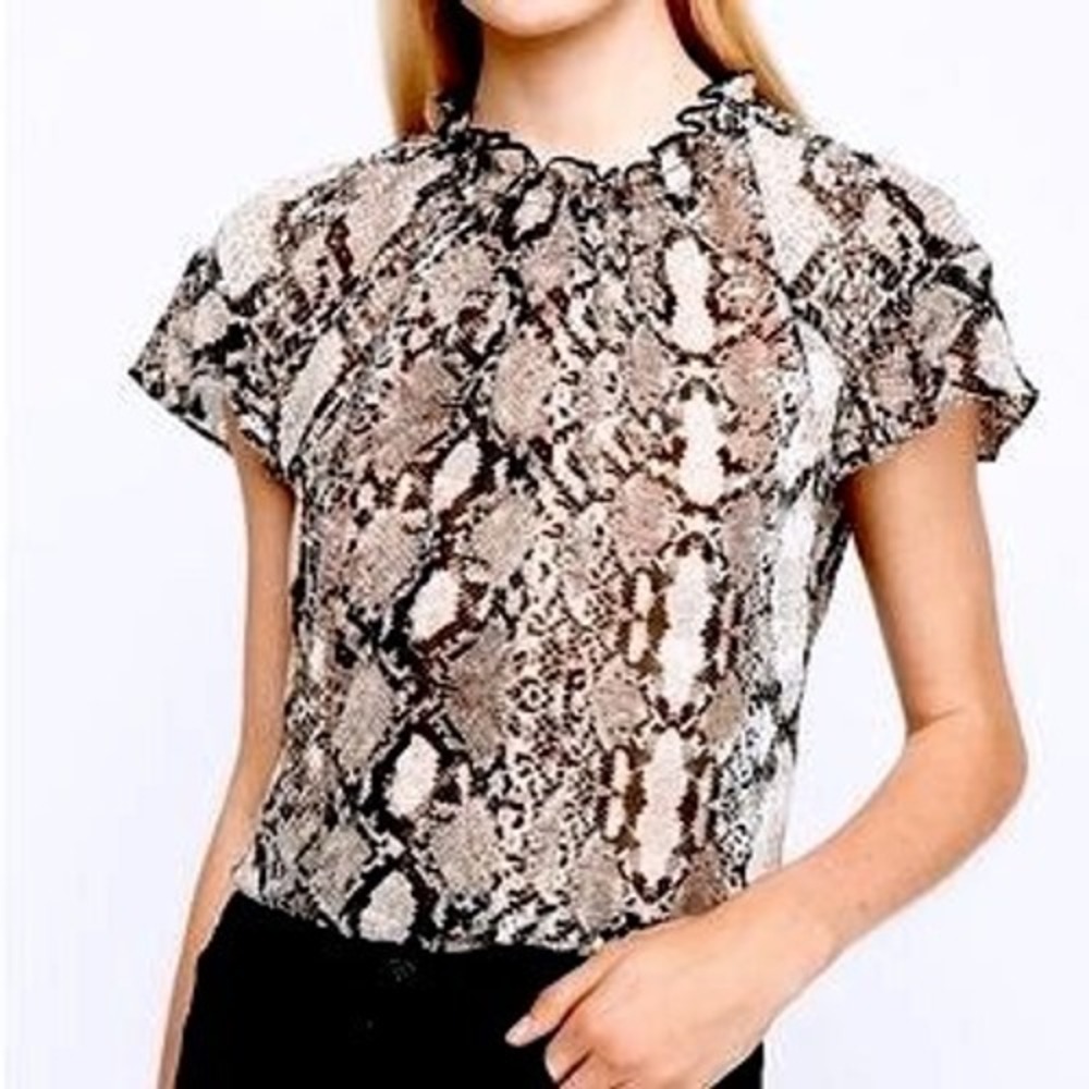 Express Womens Snakeskin Sheer Ruffle Mock Neck Cap Sleeve Blouse Tan Black M
